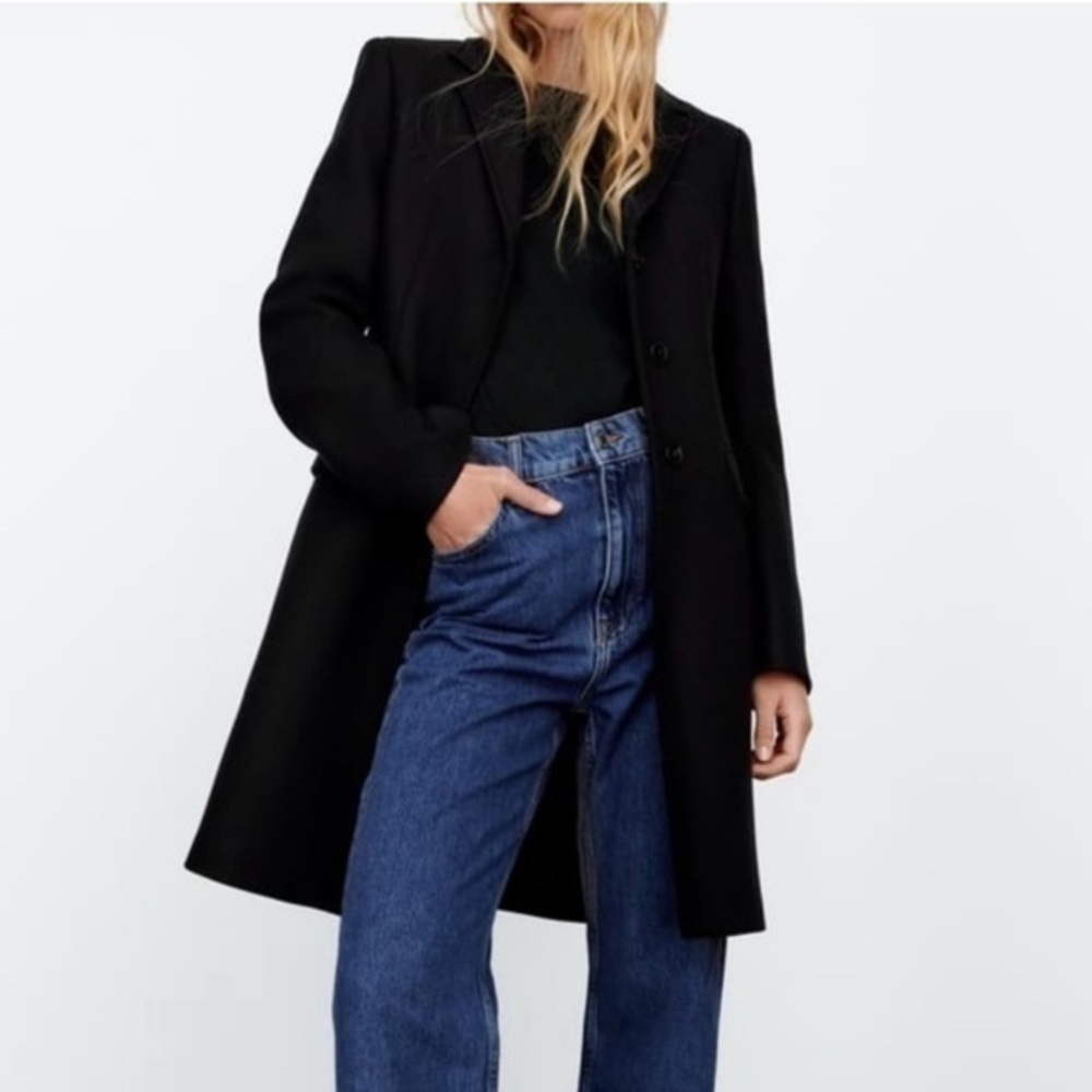 Zara Wool Coat Manteco Double Breasted Mid-Length in Black